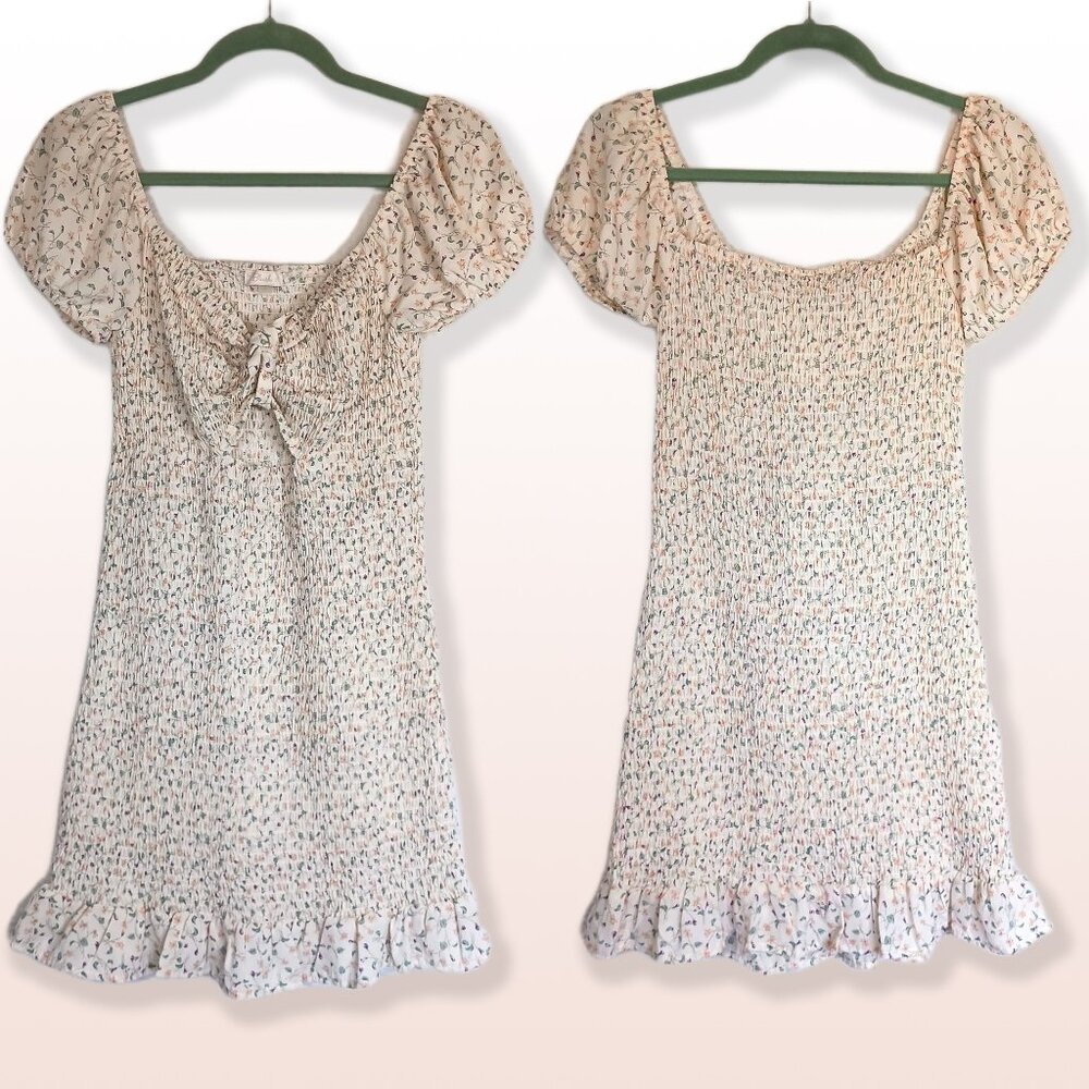 Blush Smocked Floral Mini Dress Cap Sleeves Tie Front Ruffle Hem Size Jr L